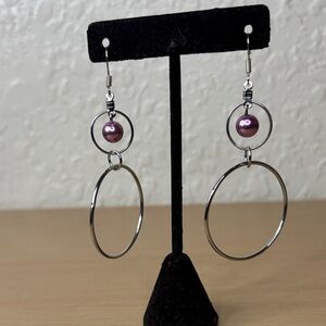 Silver Hoop Drop Earrings with Purple Pearl Accent - Women Jewelry